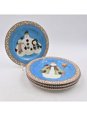 Debbie Mumm Sakura Snowman Christmas Salad Dessert Plates 8" Vintage Set of 4